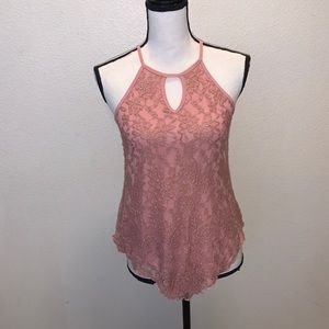 Social Teen pink lace lined keyhole tank top blouse